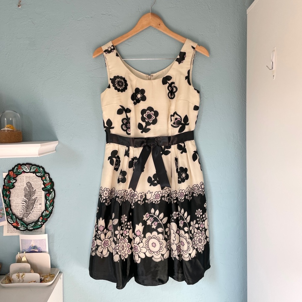 anna sui floral vintage silk tie waist dress pink cream black y2k 90s twee cute
